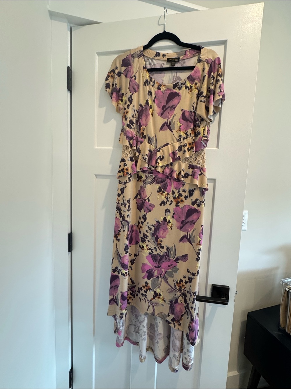 Thalia Sodi Cream Dress with Purple Floral High-Low Hem